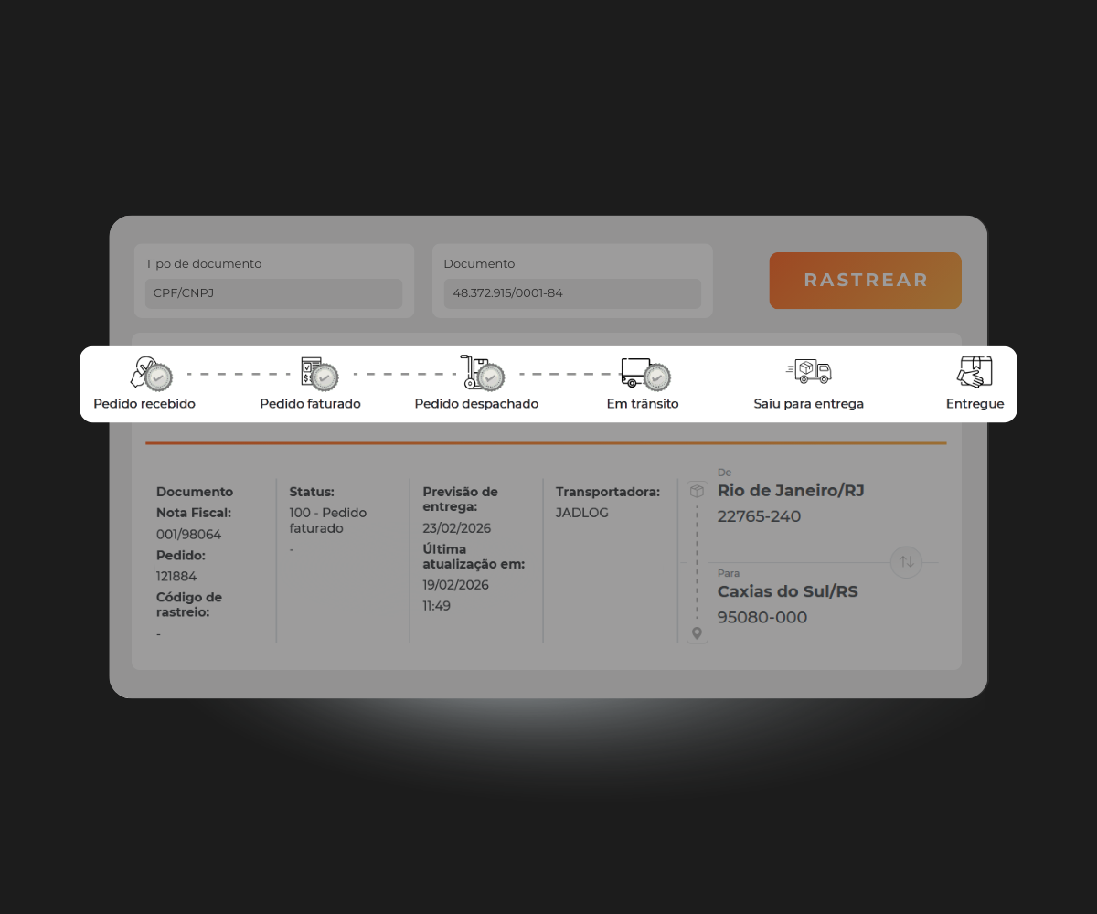 Página online de rastreio de pedido para consumidor final